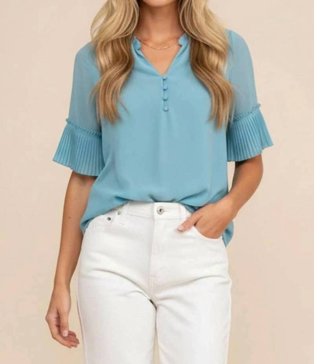 NEW NAKED ZEBRA v-neck blouse with pleated sleeve detail in sky light